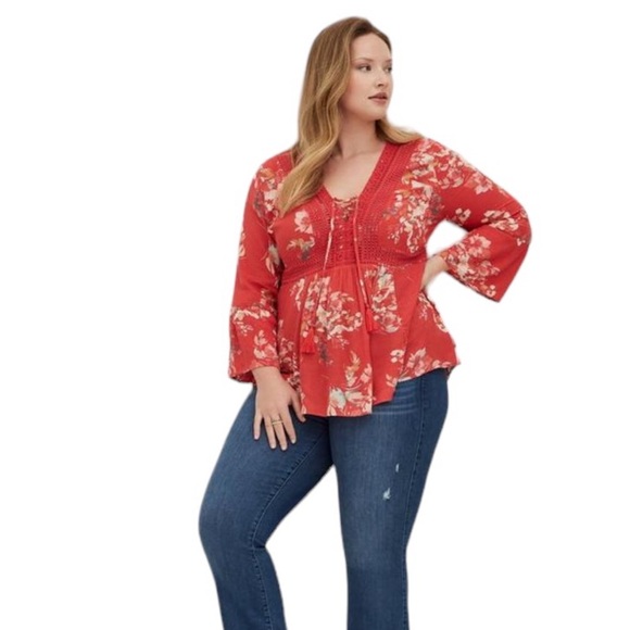 Torrid Babydoll Gauze Long Bell Sleeve Crochet Trim Lace-Up Top size 0X - Picture 1 of 10